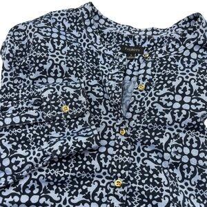 Talbots Blue Geometric Popover Blouse w/ Gold Buttons Cotton Stretch Size Large